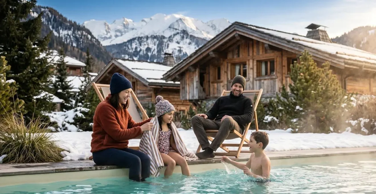 Famille se détendant au bord d'une piscine extérieure chauffée dans le jardin d'un hôtel montagnard à Morzine, avec les sommets enneigés des Alpes en arrière-plan et l'architecture typique en bois de chalet