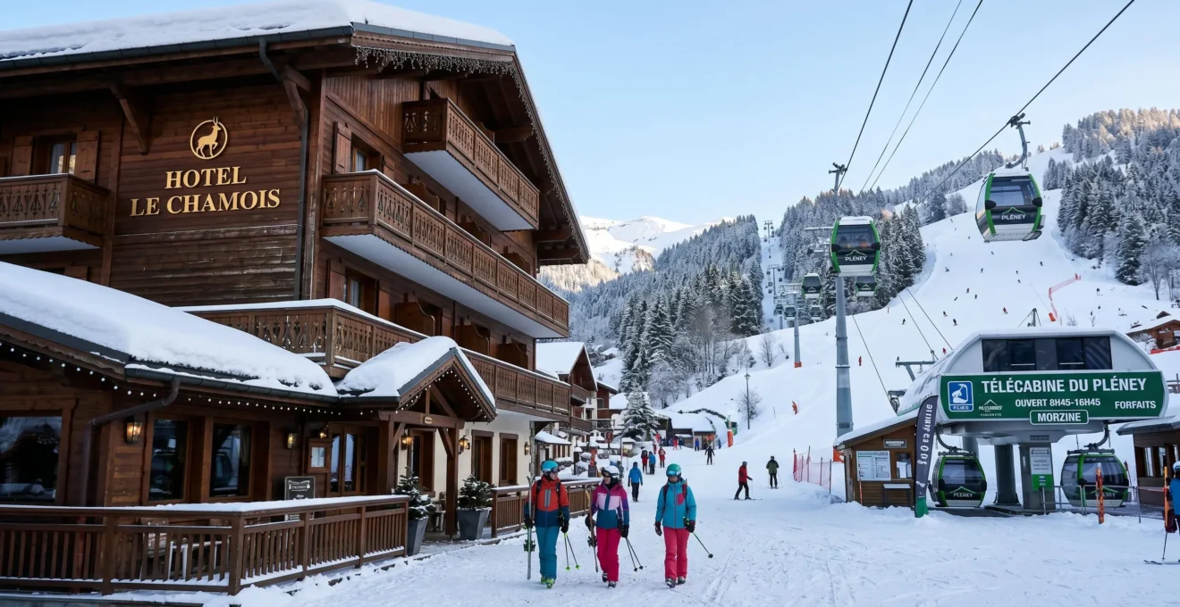Hôtel montagnard de Morzine avec architecture chalet bois en premier plan et télécabine visible à proximité immédiate, skieurs marchant de l'hôtel vers les remontées mécaniques
