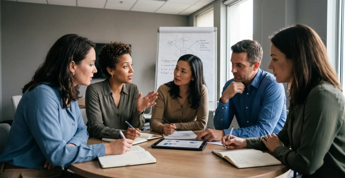 Petit groupe de professionnels en atelier collaboratif autour d'une table lors d'un séminaire