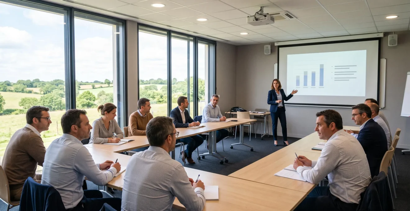Session de séminaire d'entreprise en cours dans une salle moderne avec vue sur la campagne vendéenne