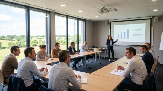 Session de séminaire d'entreprise en cours dans une salle moderne avec vue sur la campagne vendéenne